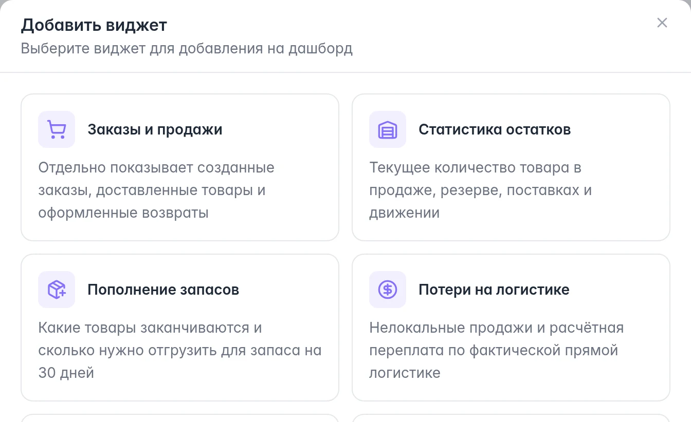 Каталог добавления виджетов Ozon: заказы, остатки, пополнение и логистика